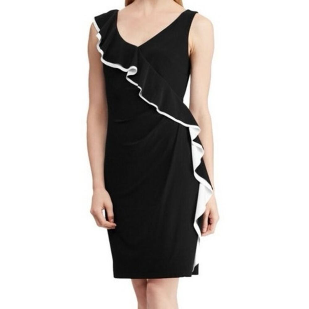 NWT American Living Diagonal White Ruffle Black Shift Dress Size 6 Stretch S !!
